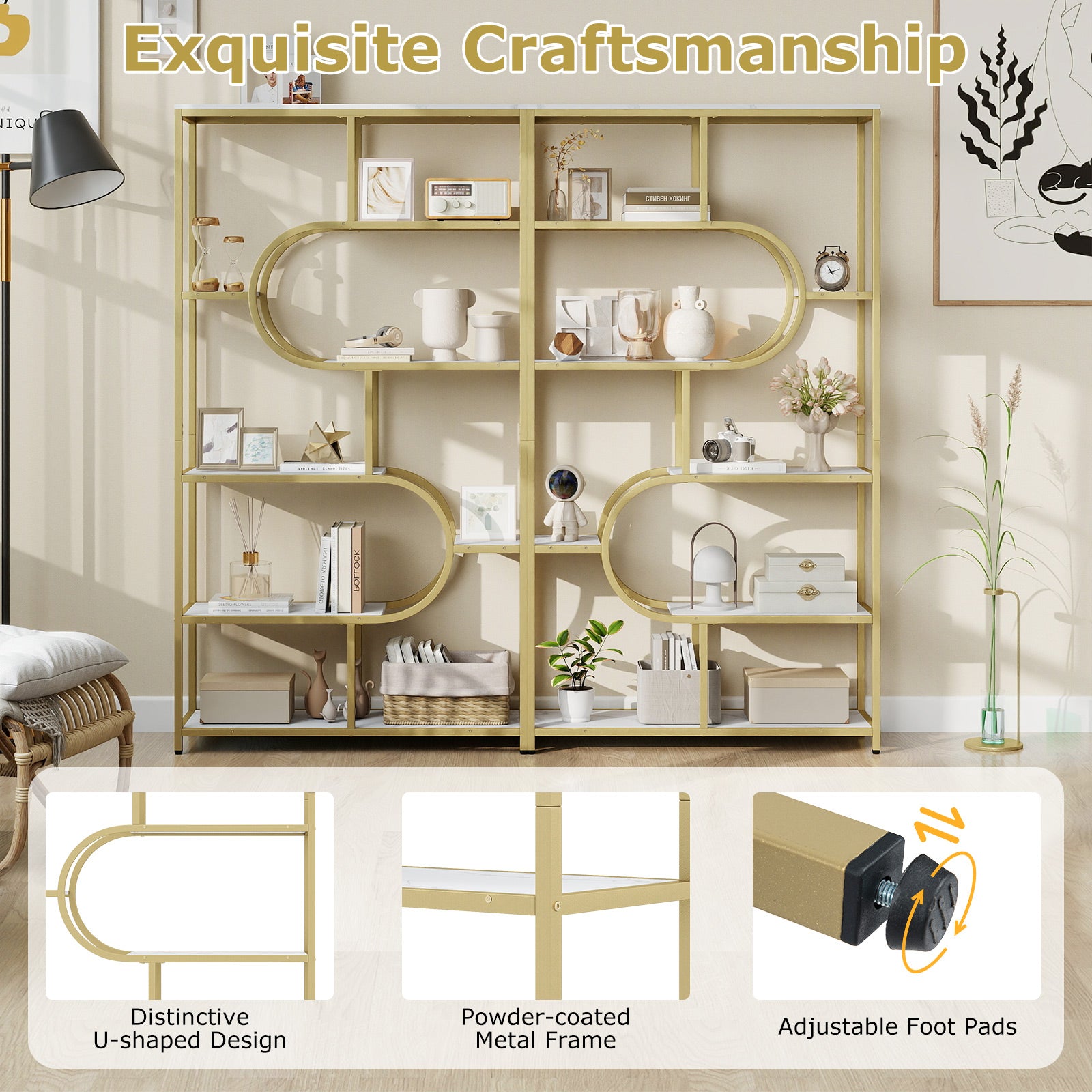 Industrial Etagere Bookcase with Open Storage Shelves and Metal Frame-White & Golden