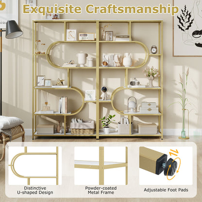 Industrial Etagere Bookcase with Open Storage Shelves and Metal Frame-White & Golden