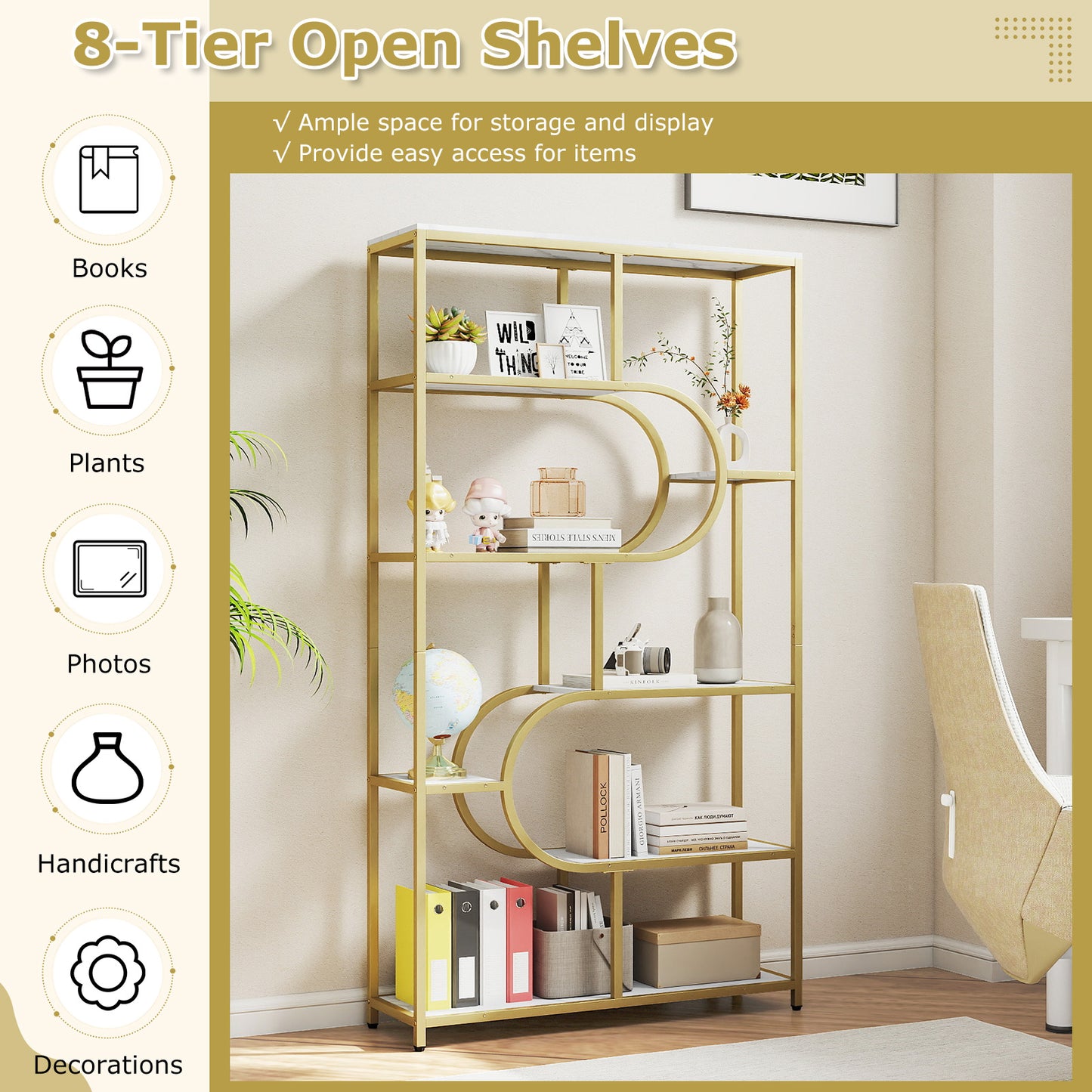 Industrial Etagere Bookcase with Open Storage Shelves and Metal Frame-White & Golden