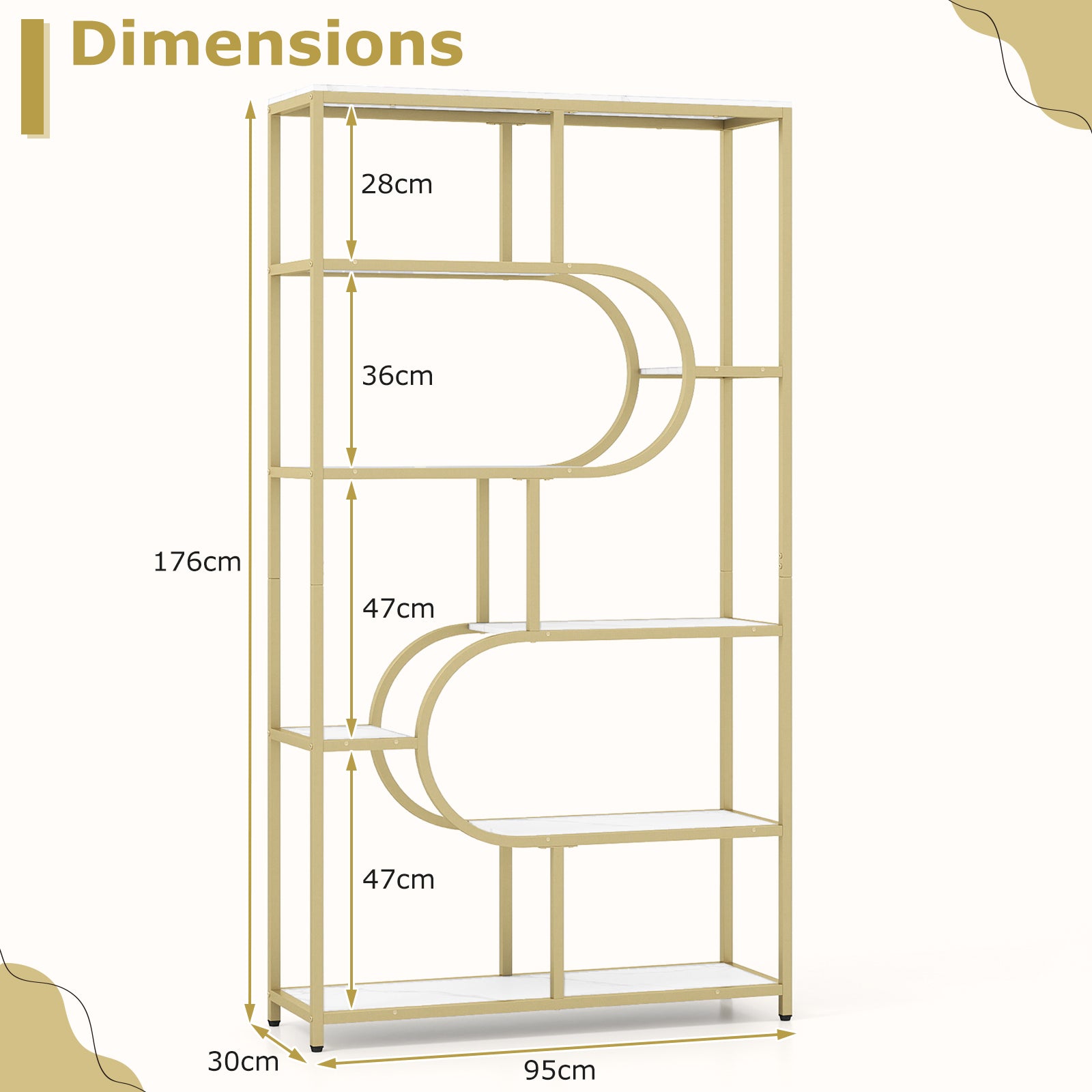 Industrial Etagere Bookcase with Open Storage Shelves and Metal Frame-White & Golden