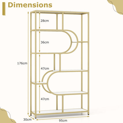 Industrial Etagere Bookcase with Open Storage Shelves and Metal Frame-White & Golden