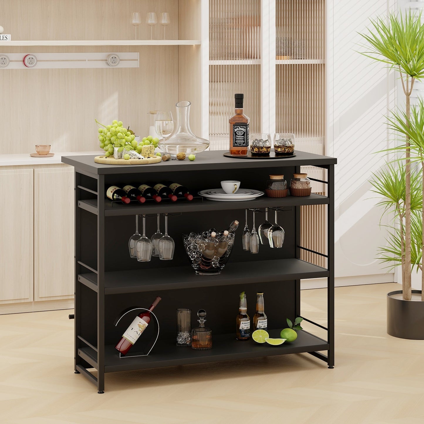 Industrial Home Bar Unit with 3 Open Shelves-Black