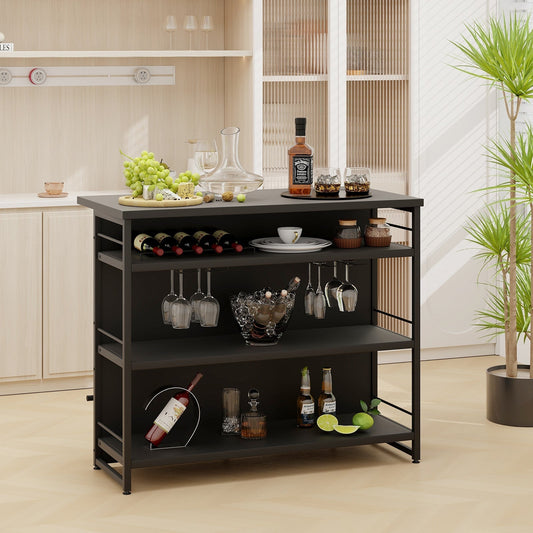 Industrial Home Bar Unit with 3 Open Shelves-Black