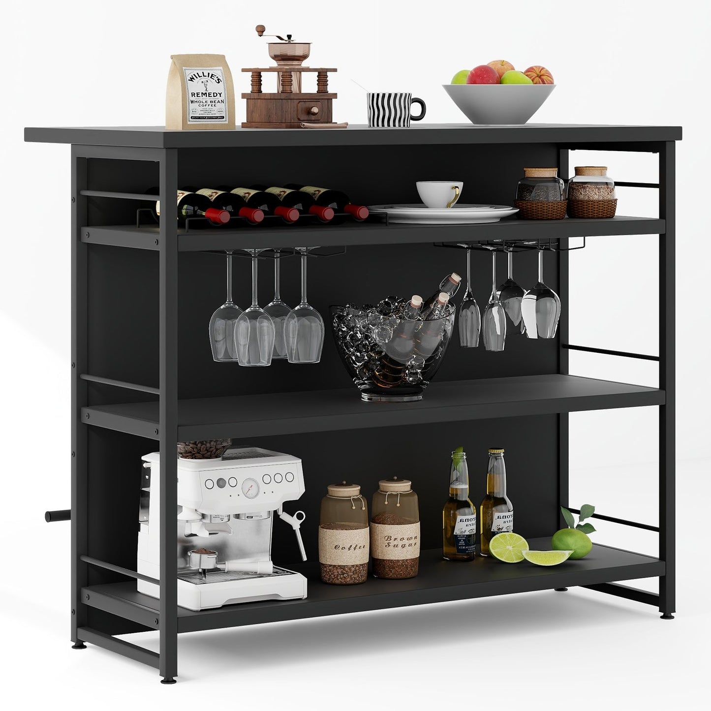 Industrial Home Bar Unit with 3 Open Shelves-Black