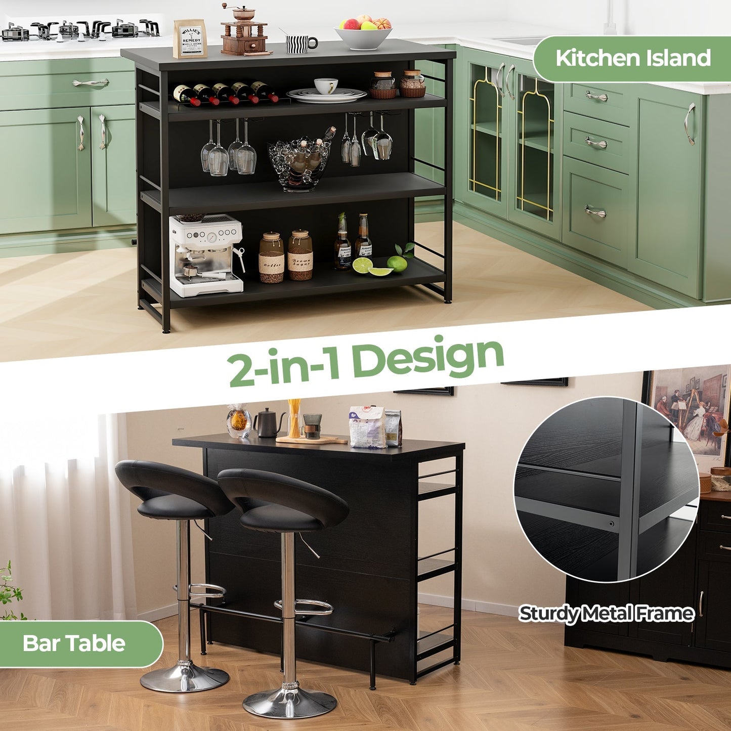 Industrial Home Bar Unit with 3 Open Shelves-Black