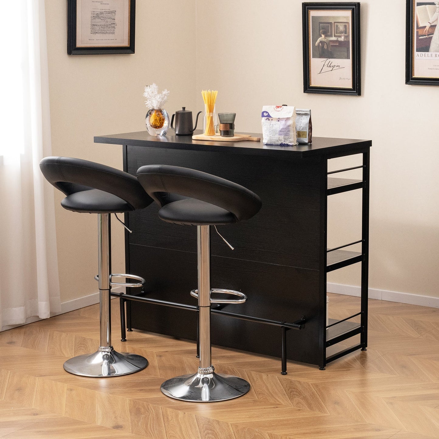 Industrial Home Bar Unit with 3 Open Shelves-Black