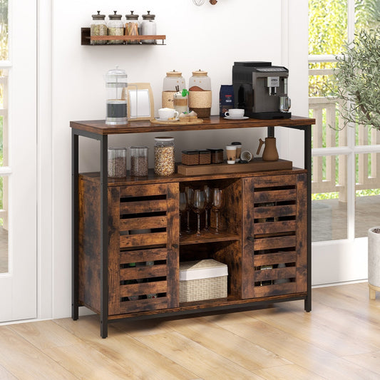 Sideboard Storage Cabinet with Slatted Door and 3 Adjustable Shelves-Rustic Brown