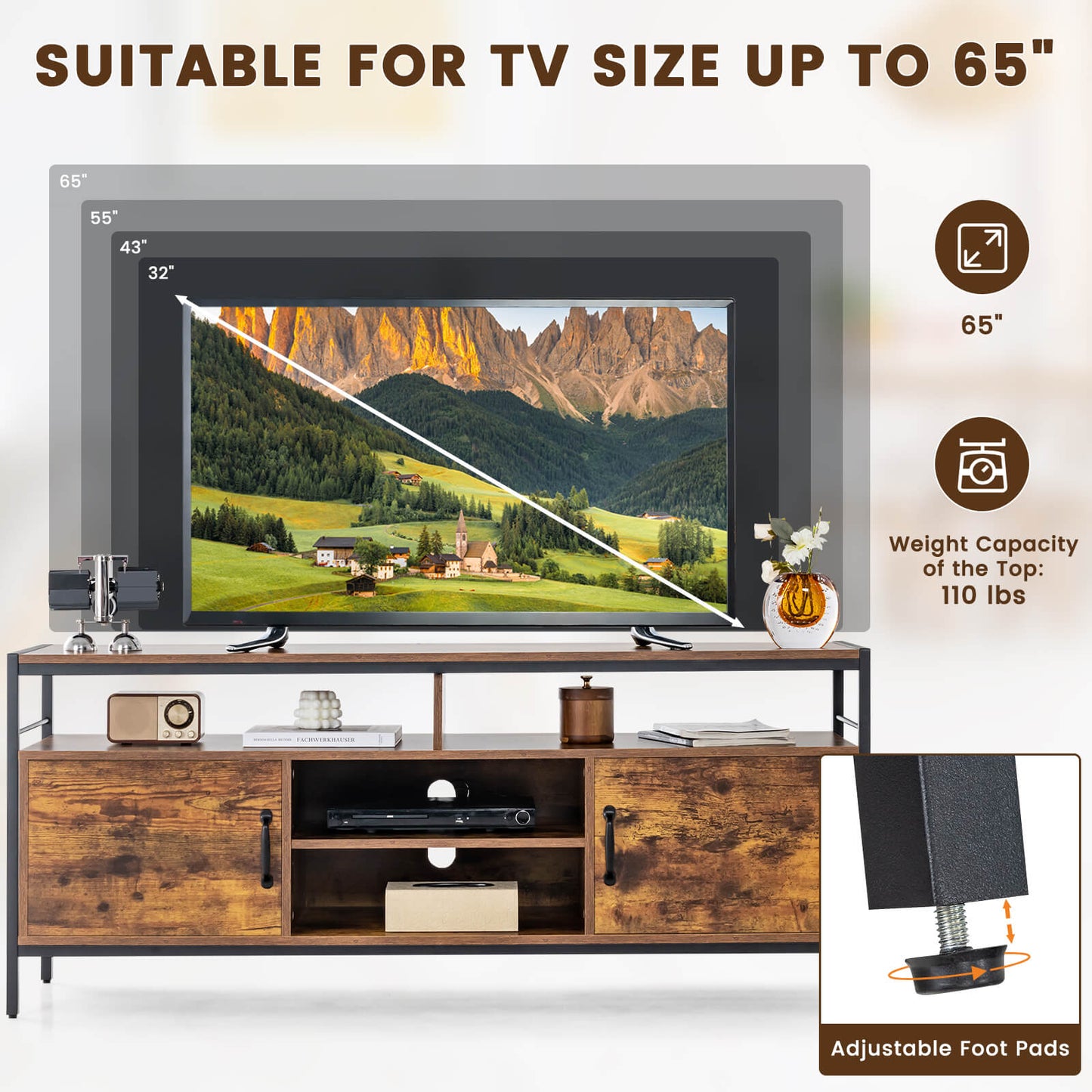 147 cm Industrial TV Stand with Adjustable Shelf for TVs up to 65"-Rustic Brown