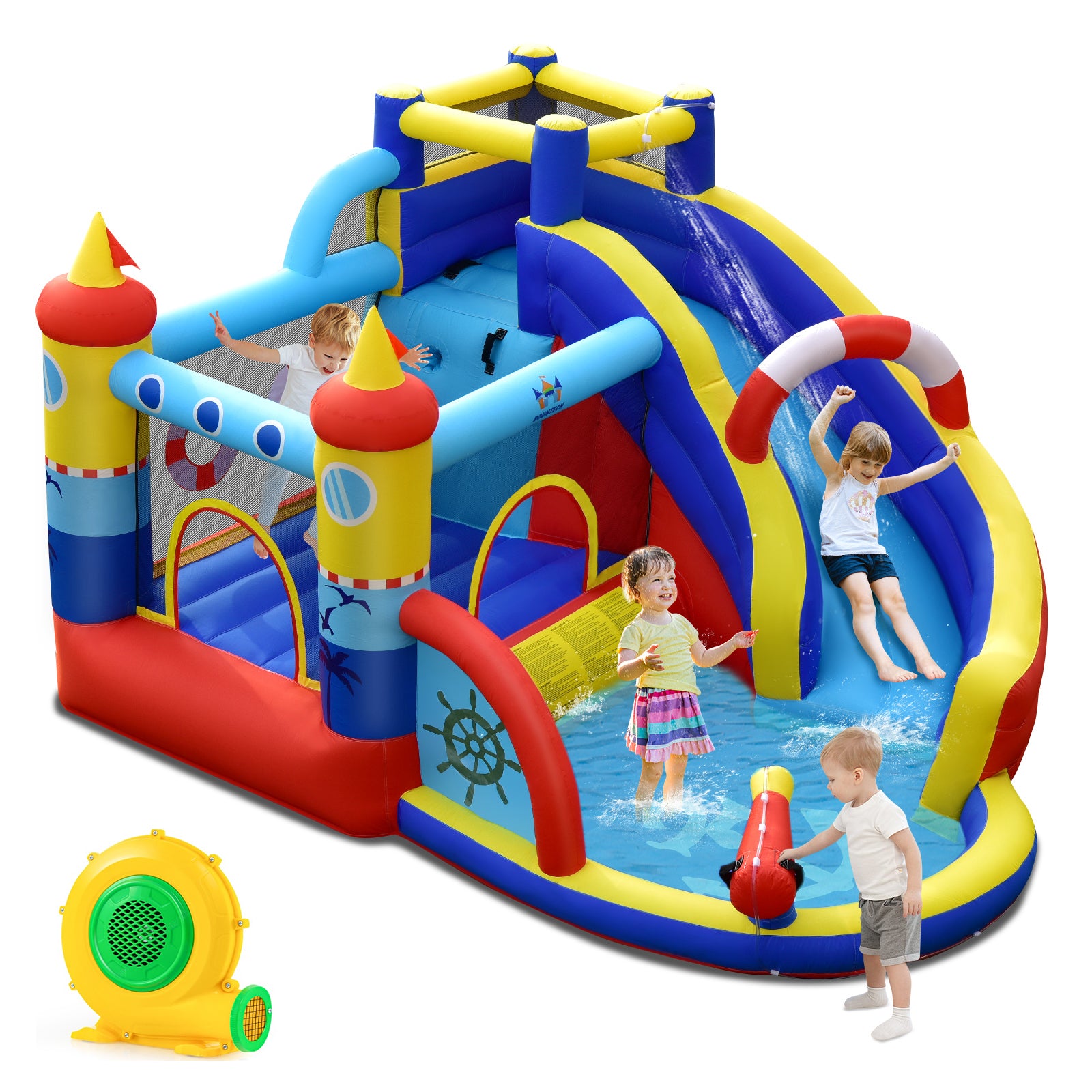 Inflatable Bounce Castle 6-in-1 Water Park with Curved Slide