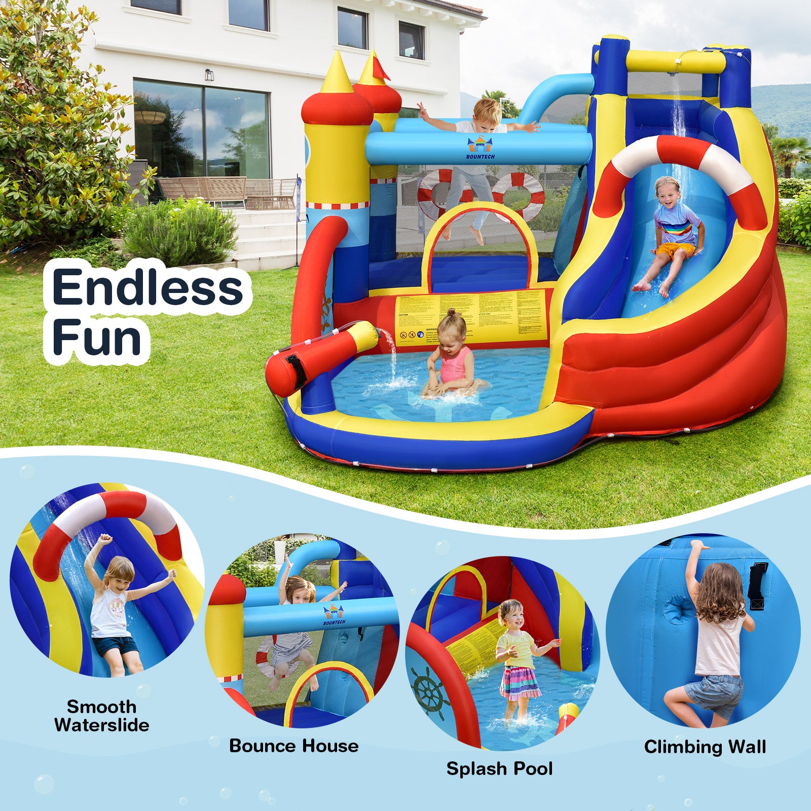 Inflatable Bounce Castle 6-in-1 Water Park with Curved Slide