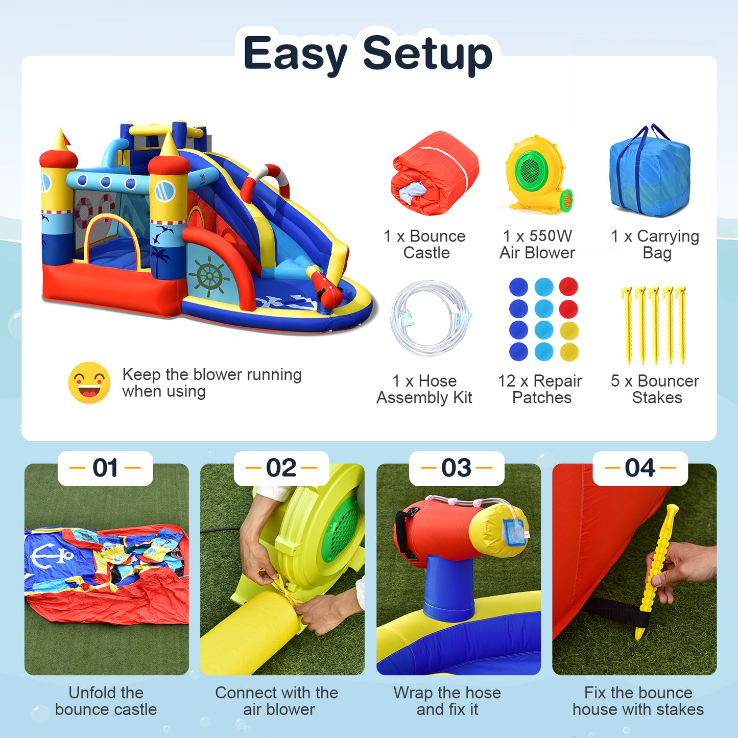 Inflatable Bounce Castle 6-in-1 Water Park with Curved Slide