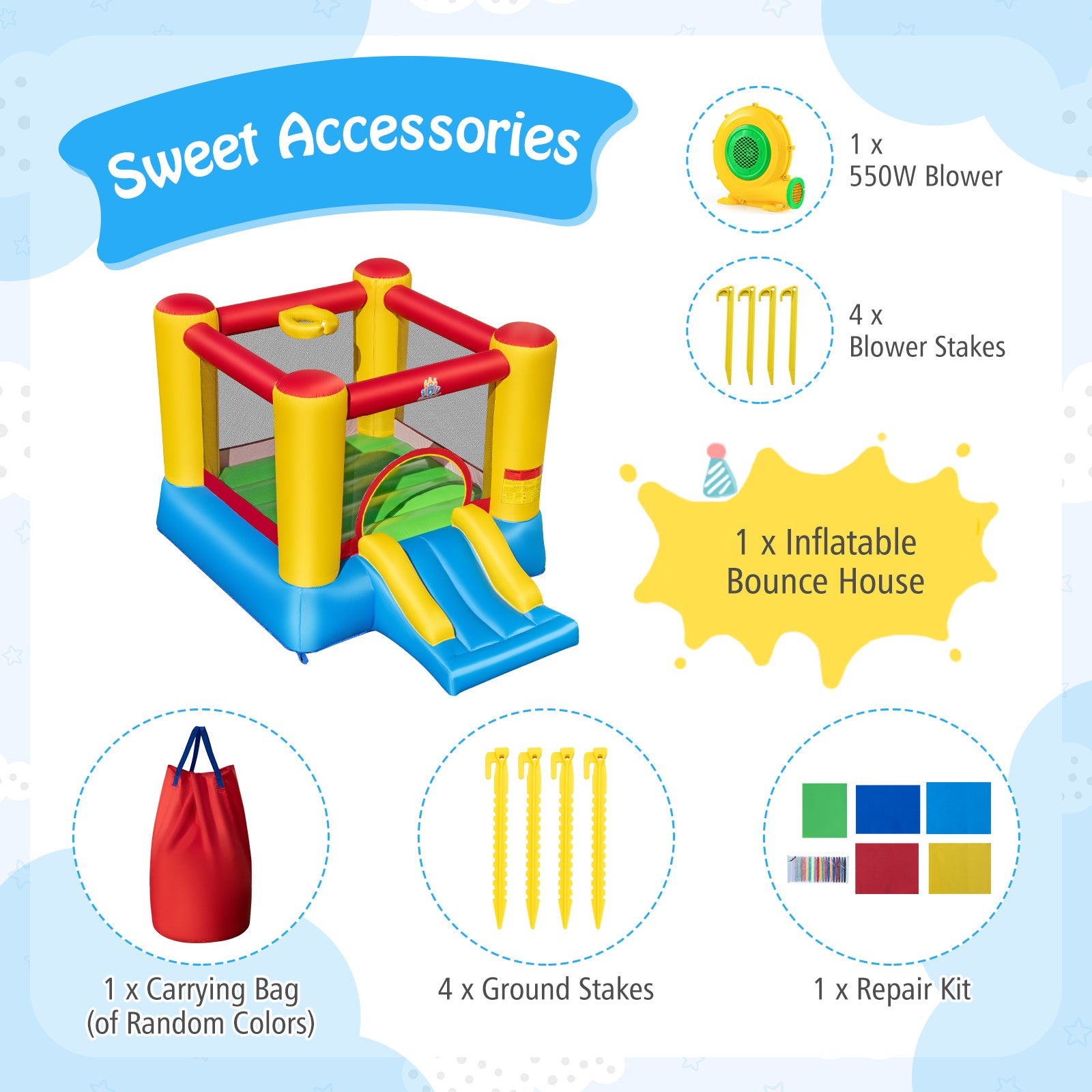 Inflatable Bounce House Kids Castle Slide Bouncer with 550W Blower