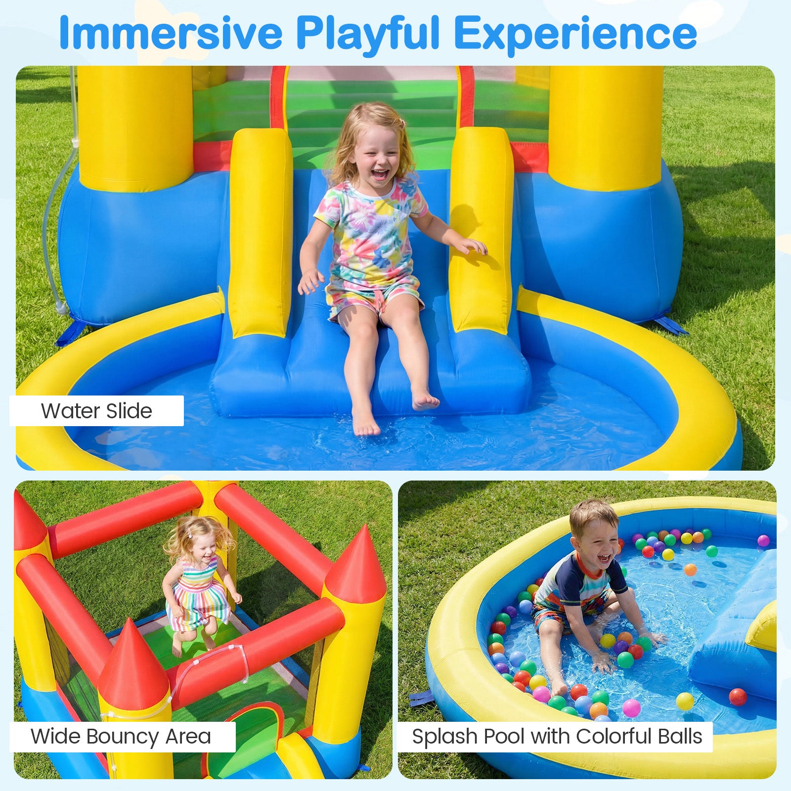 Inflatable Bounce House Kids Water Park with Splash Pool and Water Slide without Blower
