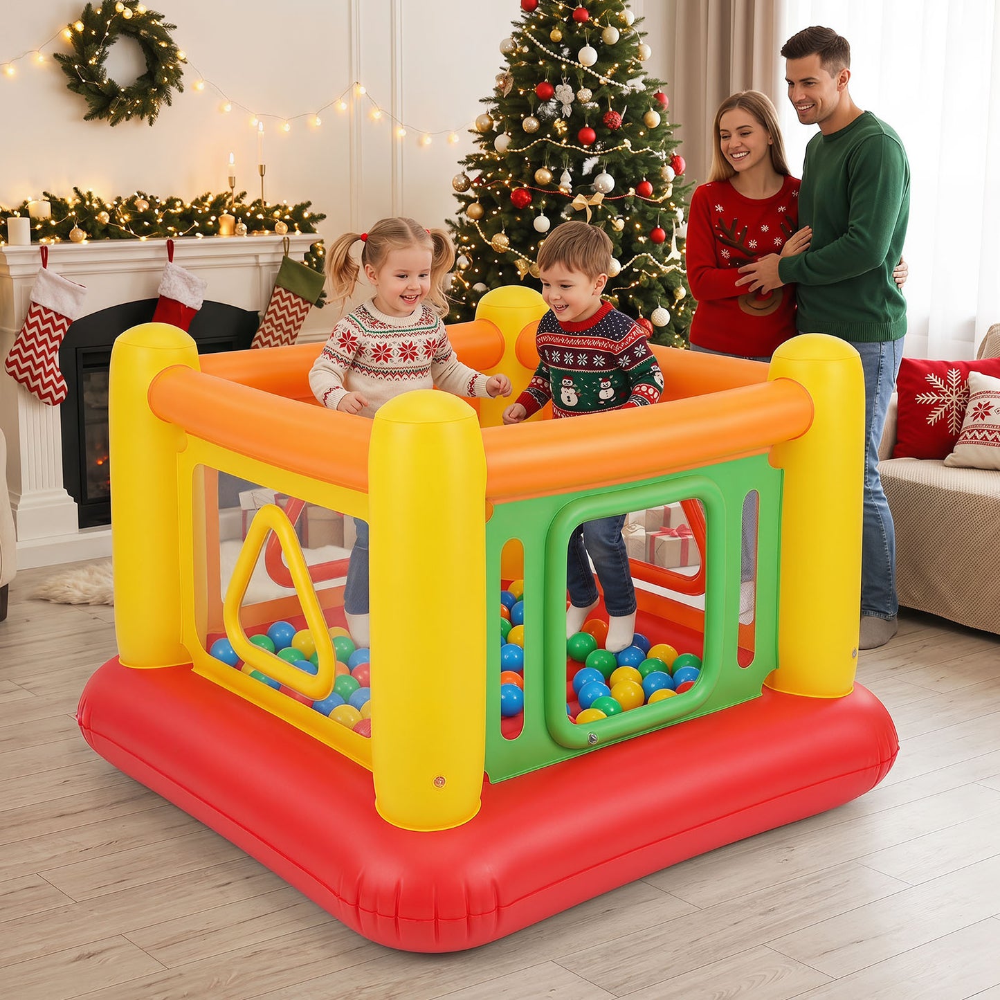 Inflatable Bounce House for Kids with Transparent Side Walls and Square/Triangle Openings-Orange