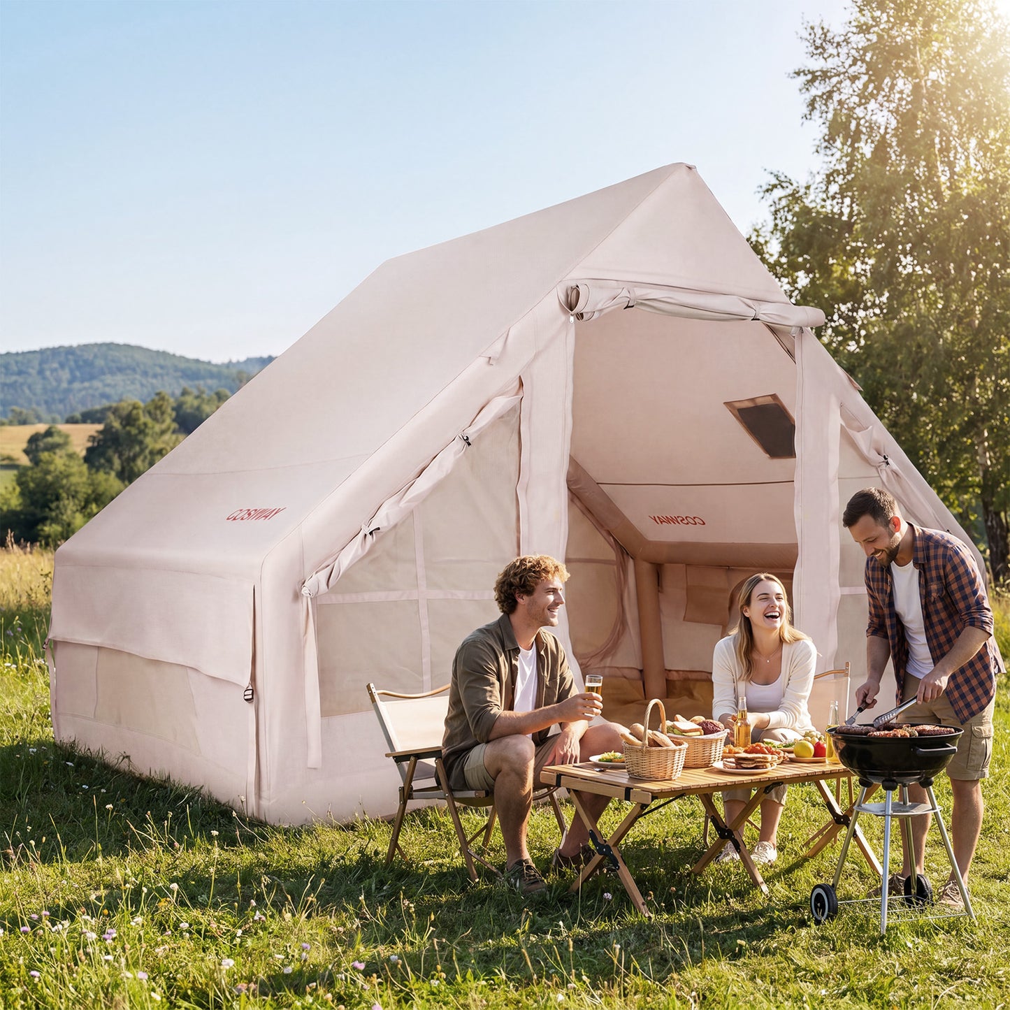 Inflatable Camping Tent with Stove Jack 4 Season Blow Up Tent with Pump-Beige