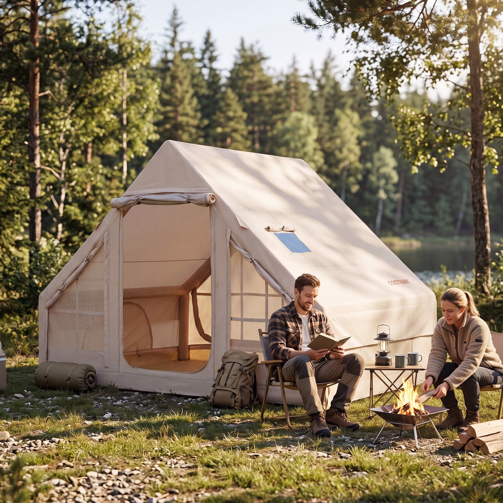 Inflatable Camping Tent with Stove Jack 4 Season Blow Up Tent with Pump-Beige