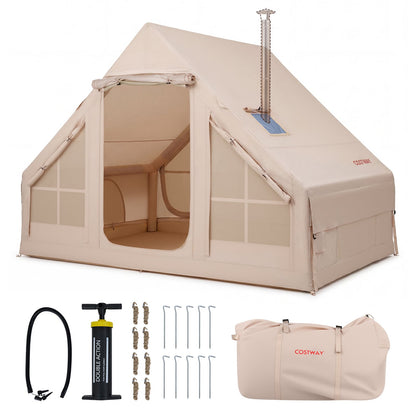 Inflatable Camping Tent with Stove Jack 4 Season Blow Up Tent with Pump-Beige