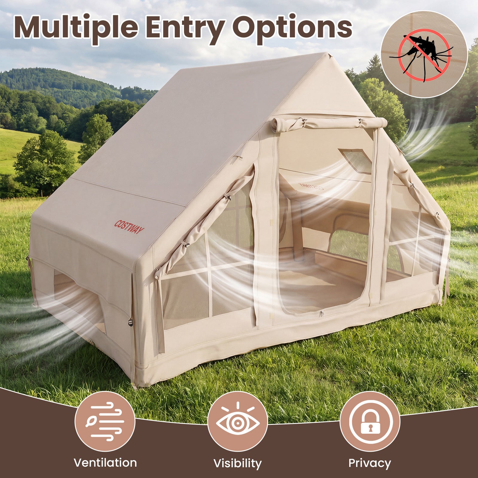 Inflatable Camping Tent with Stove Jack 4 Season Blow Up Tent with Pump-Beige