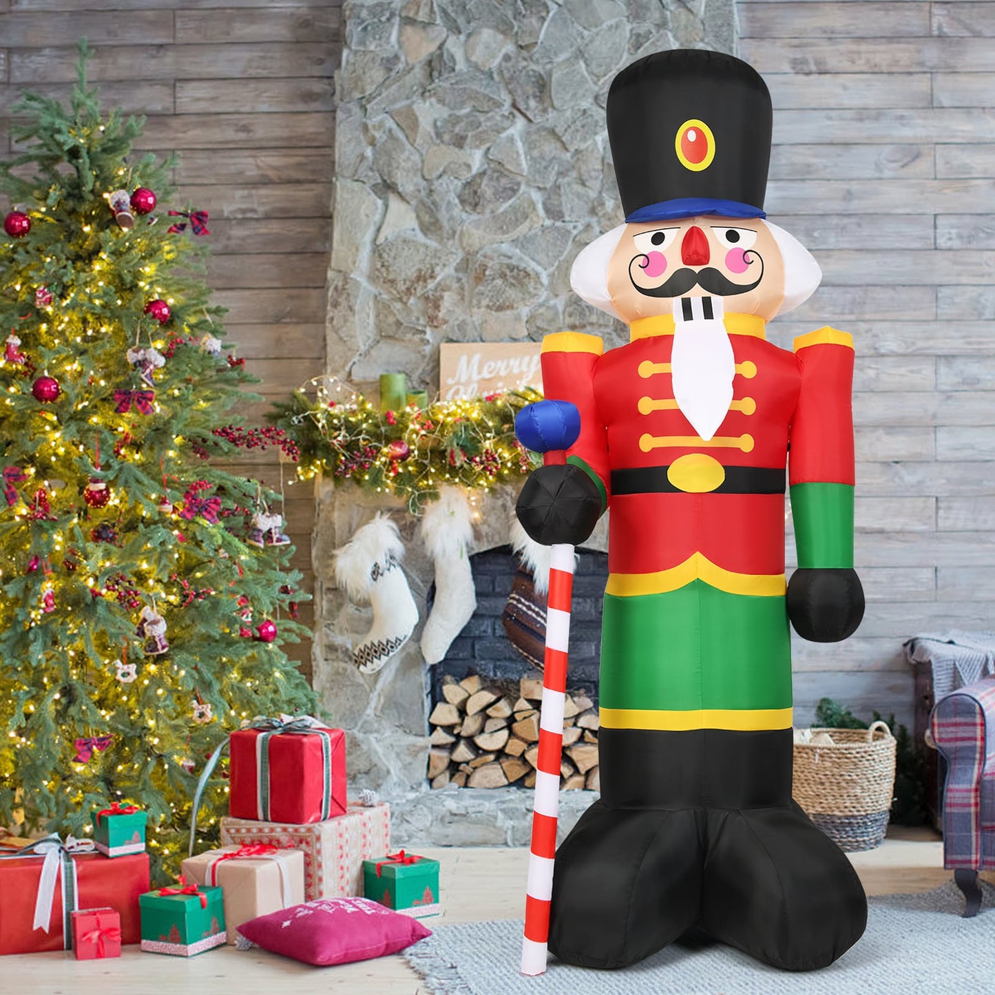 2.4M Inflatable Christmas Nutcracker Soldier with 3 LED Lights and Candy Scepter