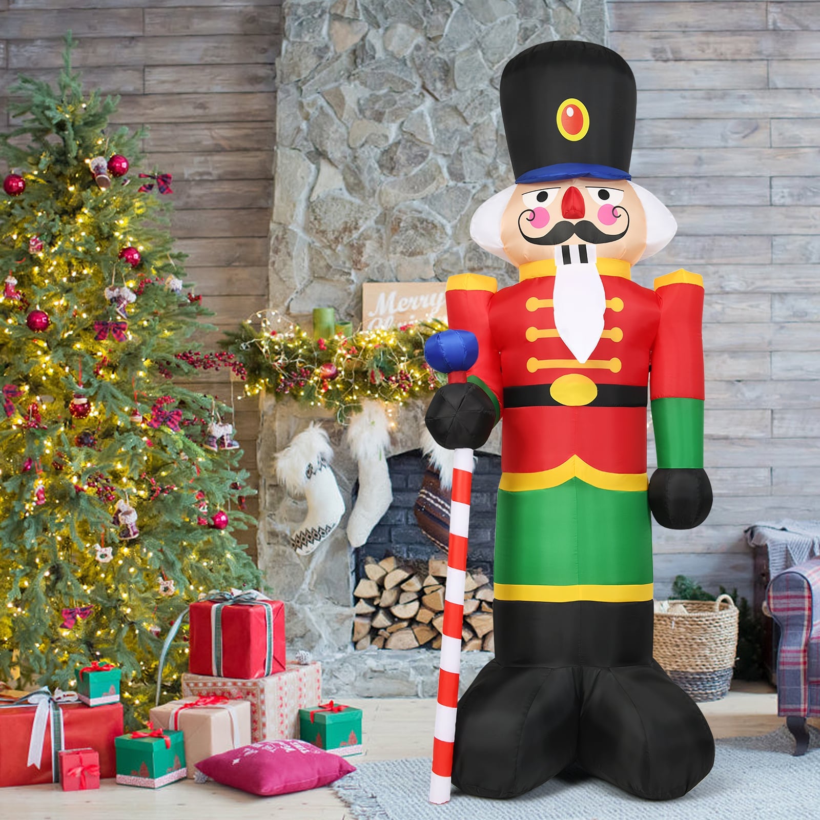 2.4M Inflatable Christmas Nutcracker Soldier with 3 LED Lights and Candy Scepter