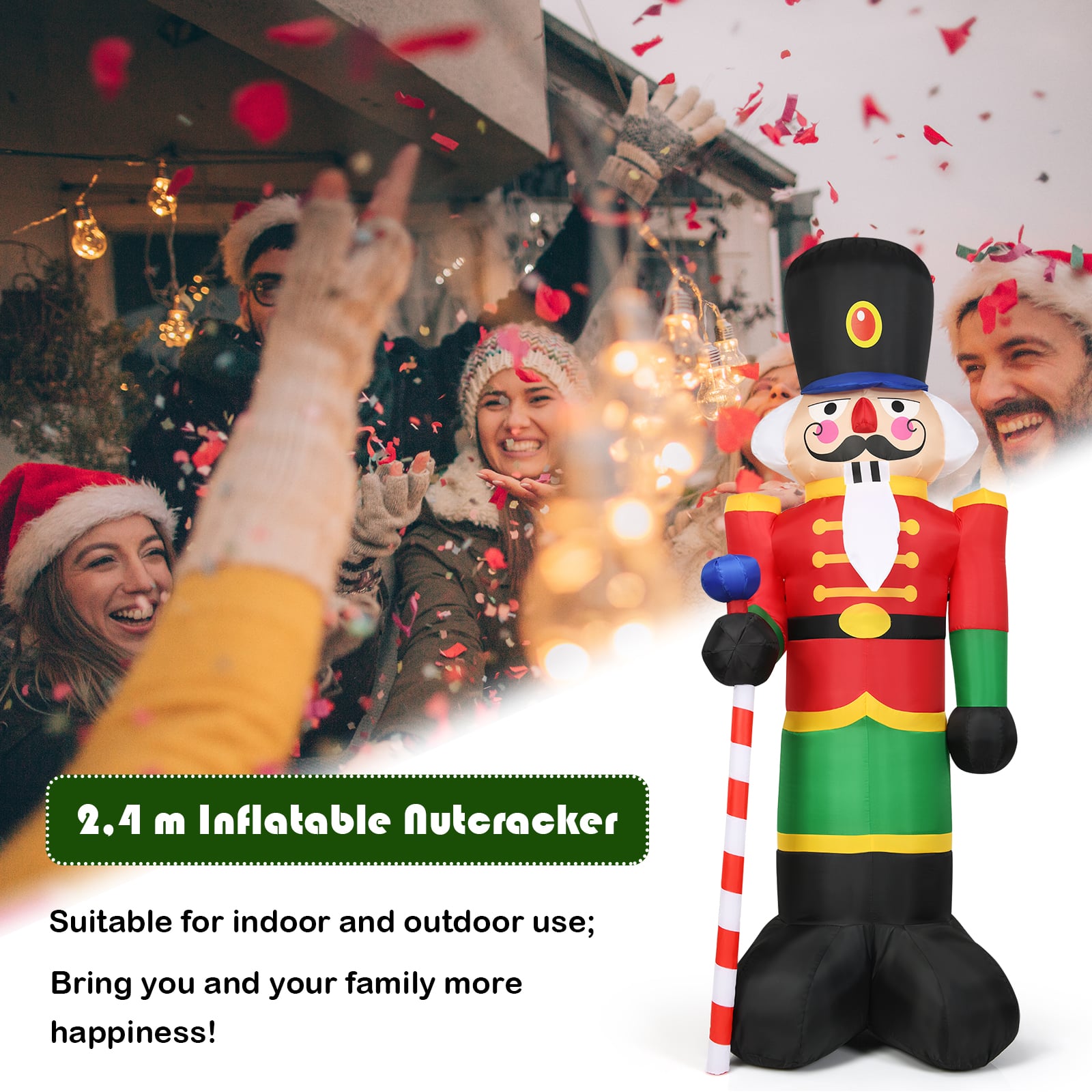 2.4M Inflatable Christmas Nutcracker Soldier with 3 LED Lights and Candy Scepter