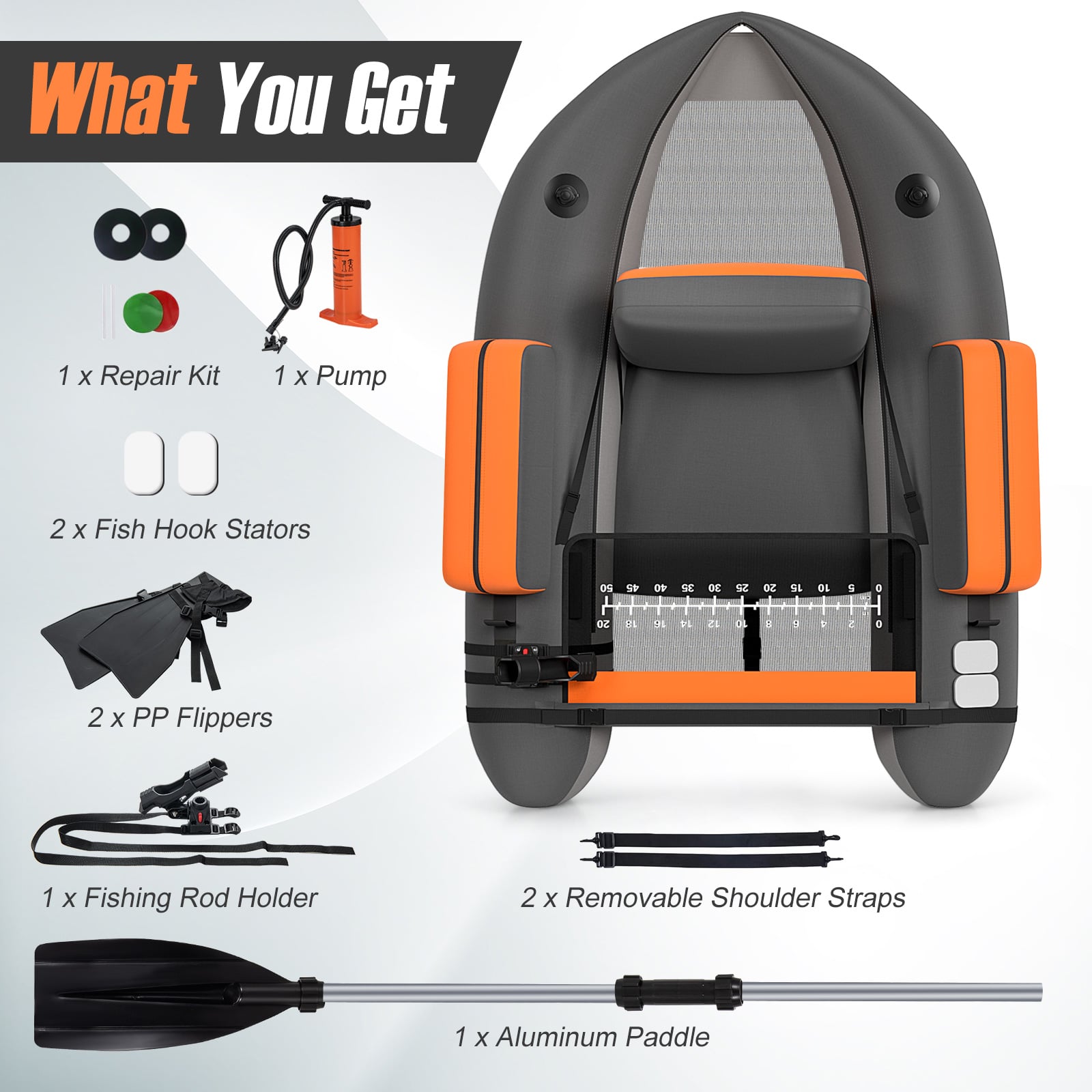 Inflatable Fishing Float Tube with Pump, Paddle, Storage Pockets-Grey