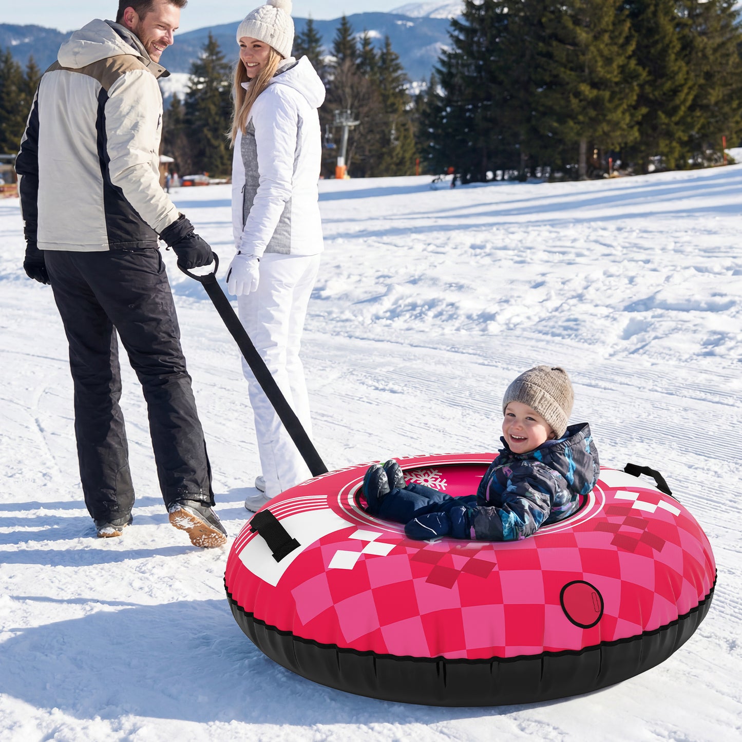 Inflatable Snow Tube Heavy-duty Snow Sledding Tube with Detachable Tow Strap-Pink