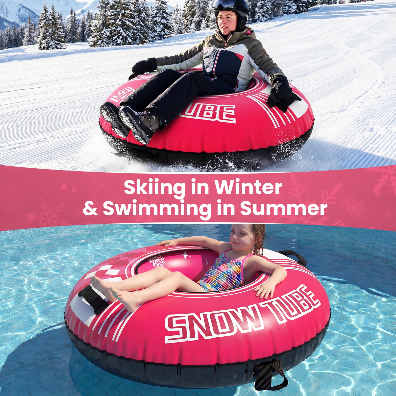 Inflatable Snow Tube Heavy-duty Snow Sledding Tube with Detachable Tow Strap-Pink