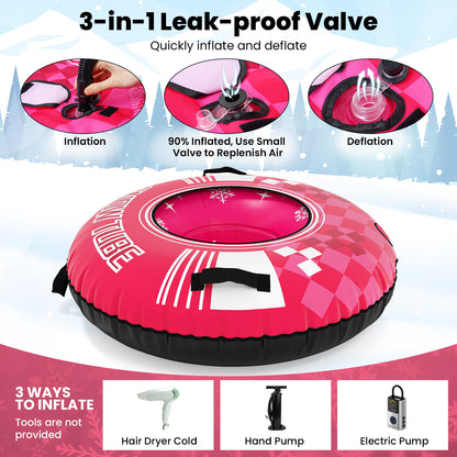 Inflatable Snow Tube Heavy-duty Snow Sledding Tube with Detachable Tow Strap-Pink