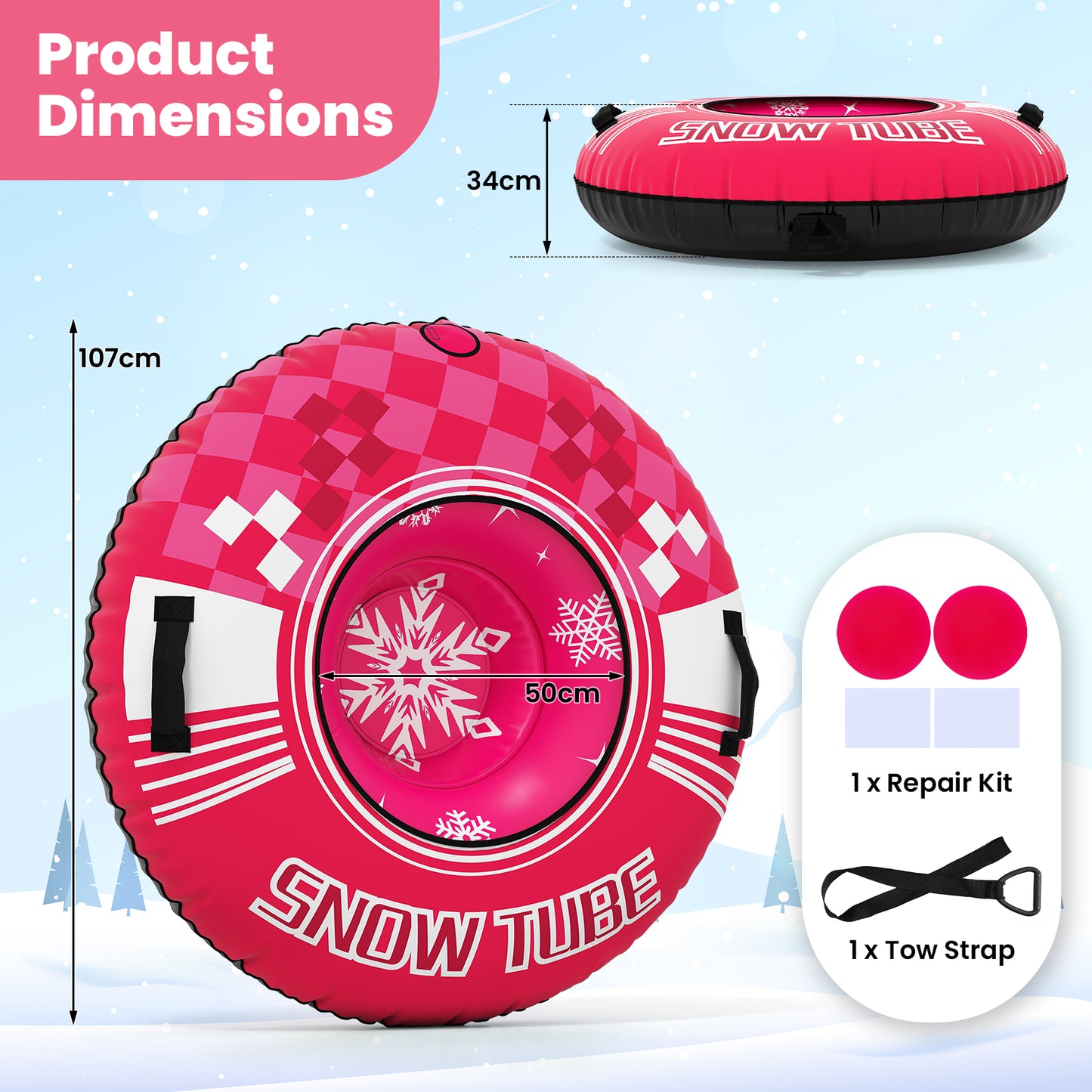 Inflatable Snow Tube Heavy-duty Snow Sledding Tube with Detachable Tow Strap-Pink