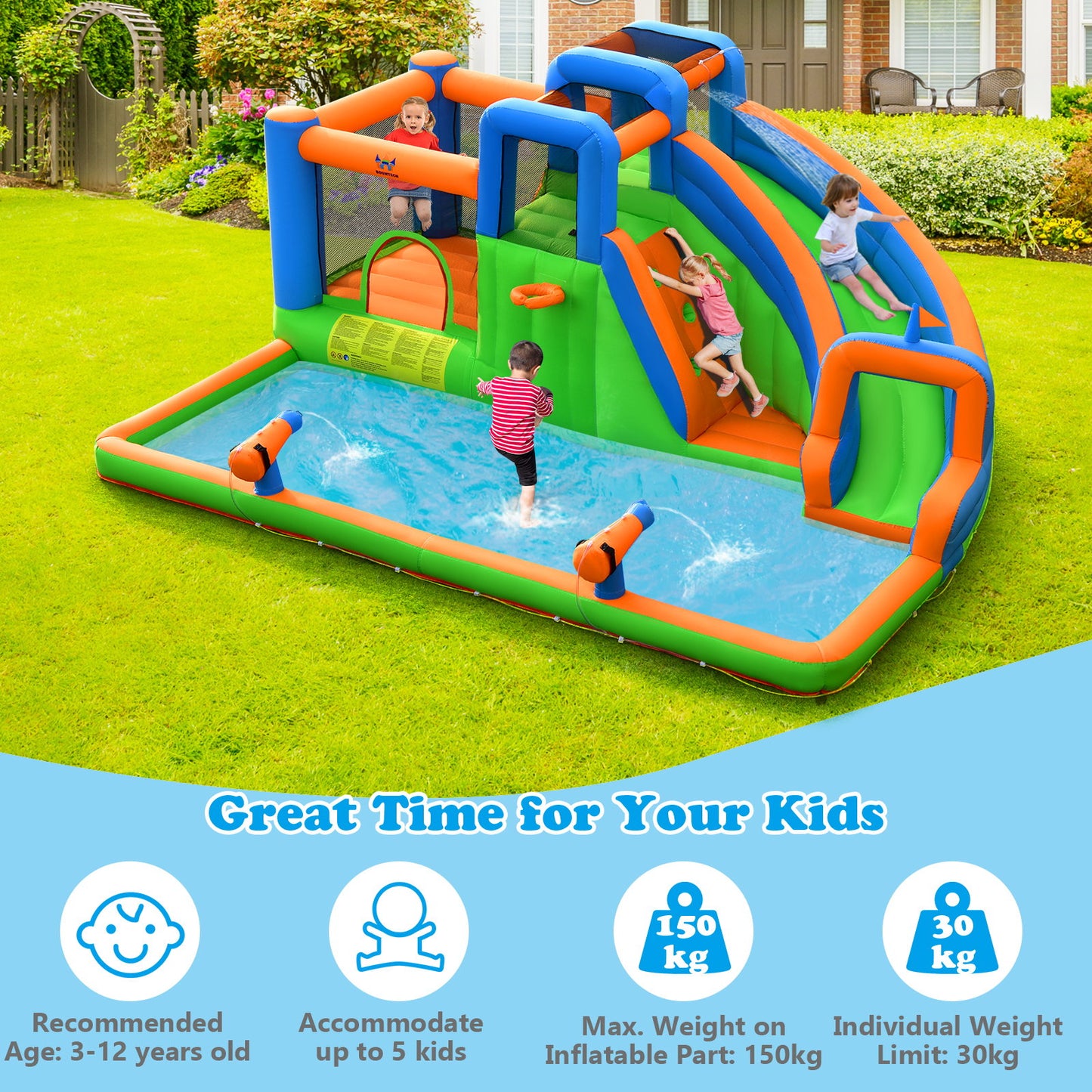 6 in 1 Inflatable Water Slide Kids Water Park for Lawn Yard (without Blower)