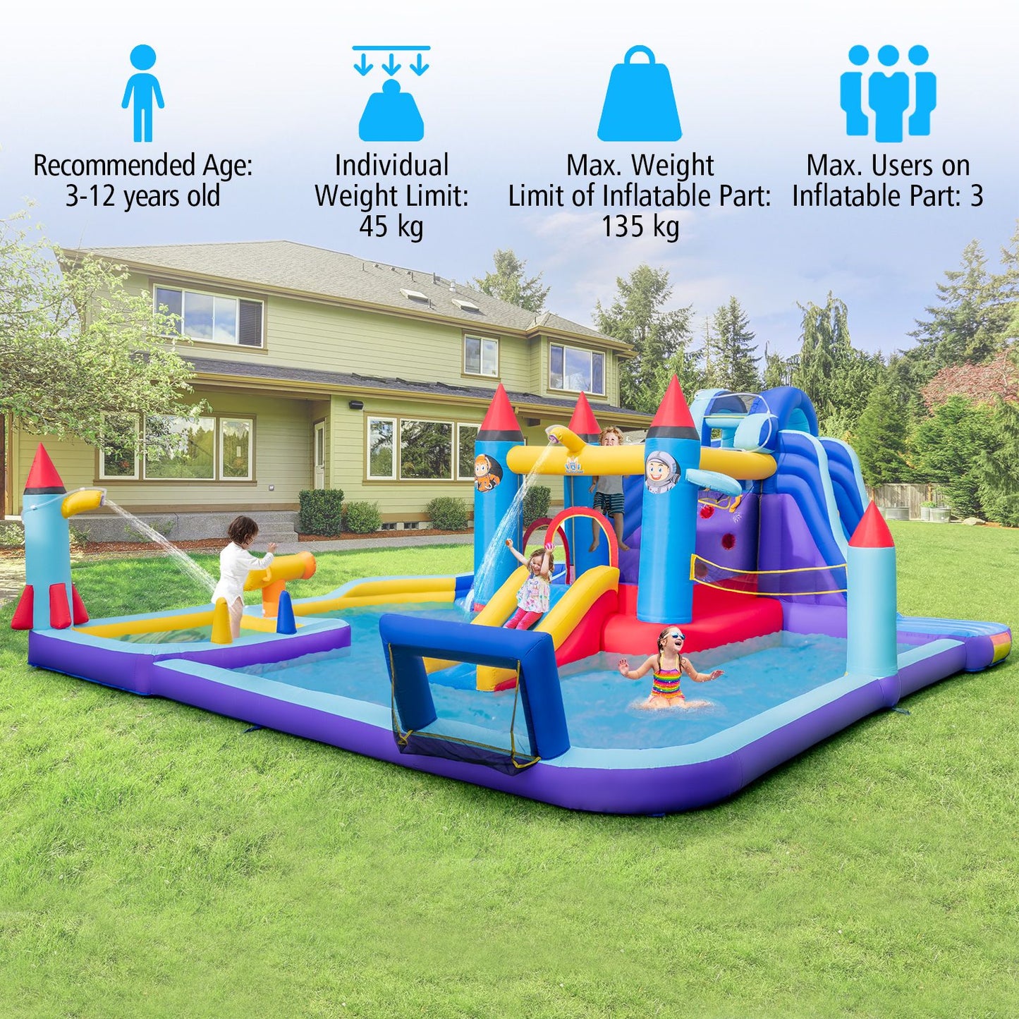 Rocket Theme Inflatable Water Slide Park with 2 Slides