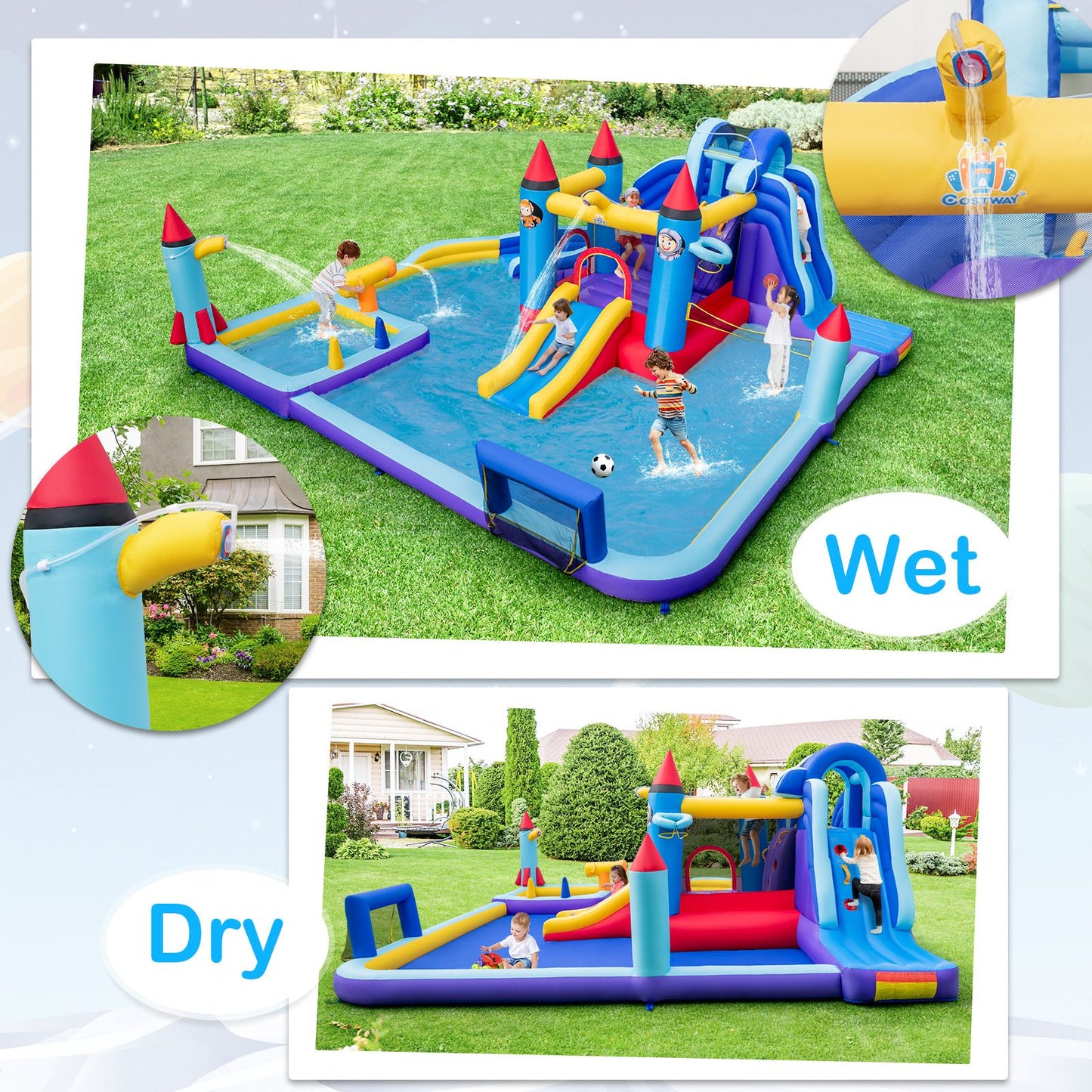 Rocket Theme Inflatable Water Slide Park with 2 Slides