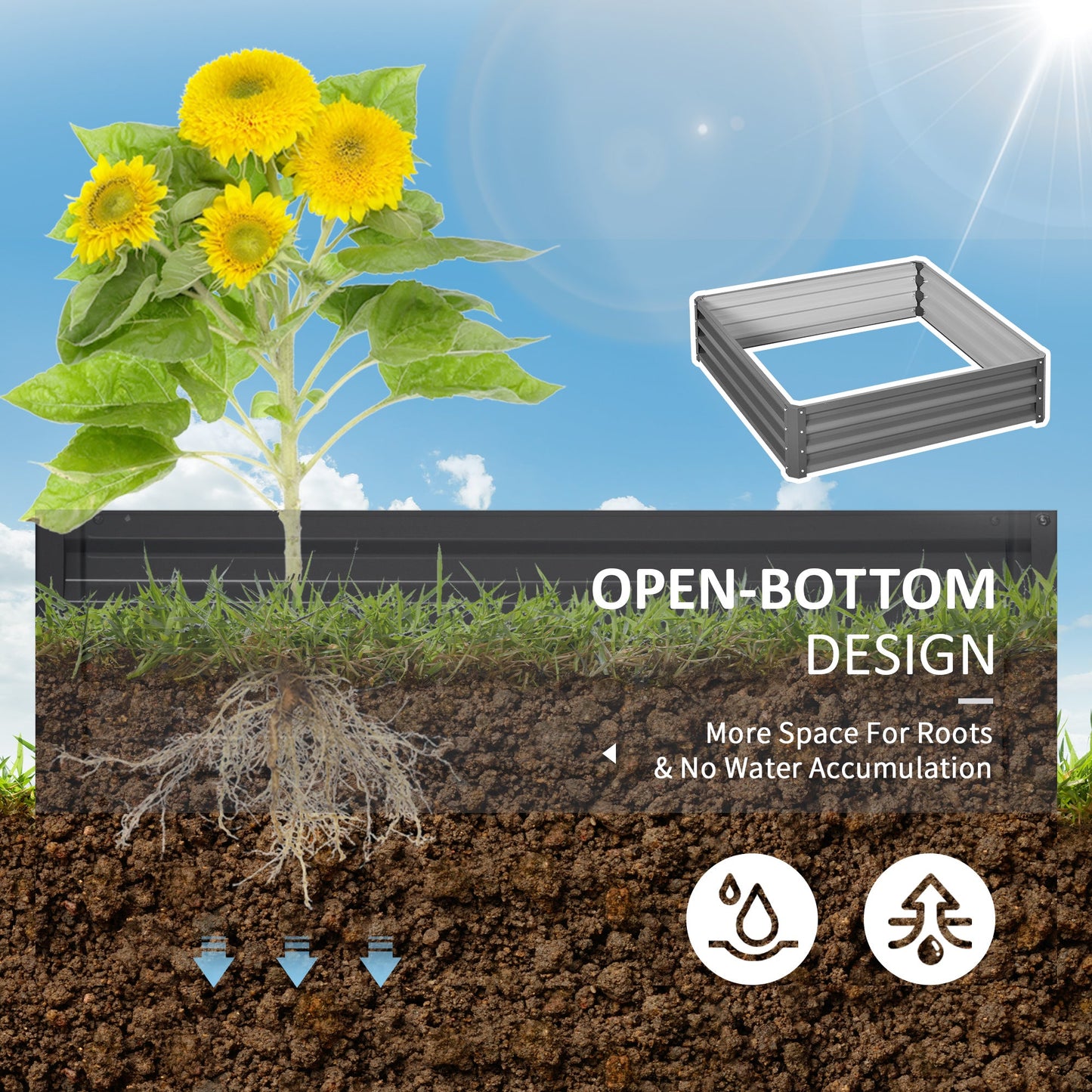 Outsunny 432L Square Raised Garden Bed Box Steel Frame for Vegetables, Flowers and Herbs, 120 x 120 x 30cm, Light Grey