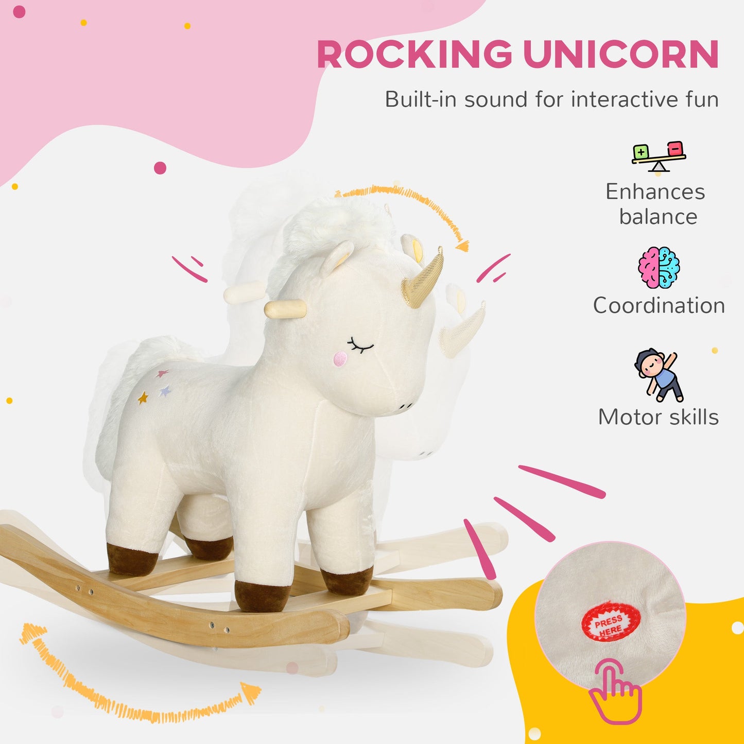 AIYAPLAY Rocking Horse with Unicorn Design, Sound, for 2-4 Years Old, White