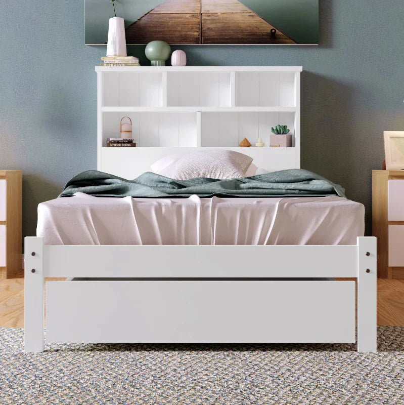 Single Wooden Storage Bed with Built-in Shelves and Underbed Drawer, PiBritish Style Waveood and MDF, for Adults, Kids, Teenagers, 208x100x93 cm, White