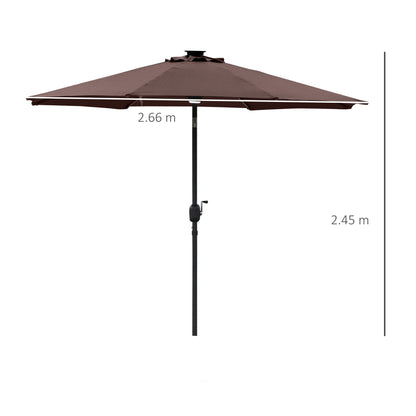 Outsunny 2.7m Garden Parasol Sun Umbrella Patio Summer Shelter w / LED Solar Light، مظلة بزاوية، فتحة تهوية، إمالة كرنك، بني فاتح