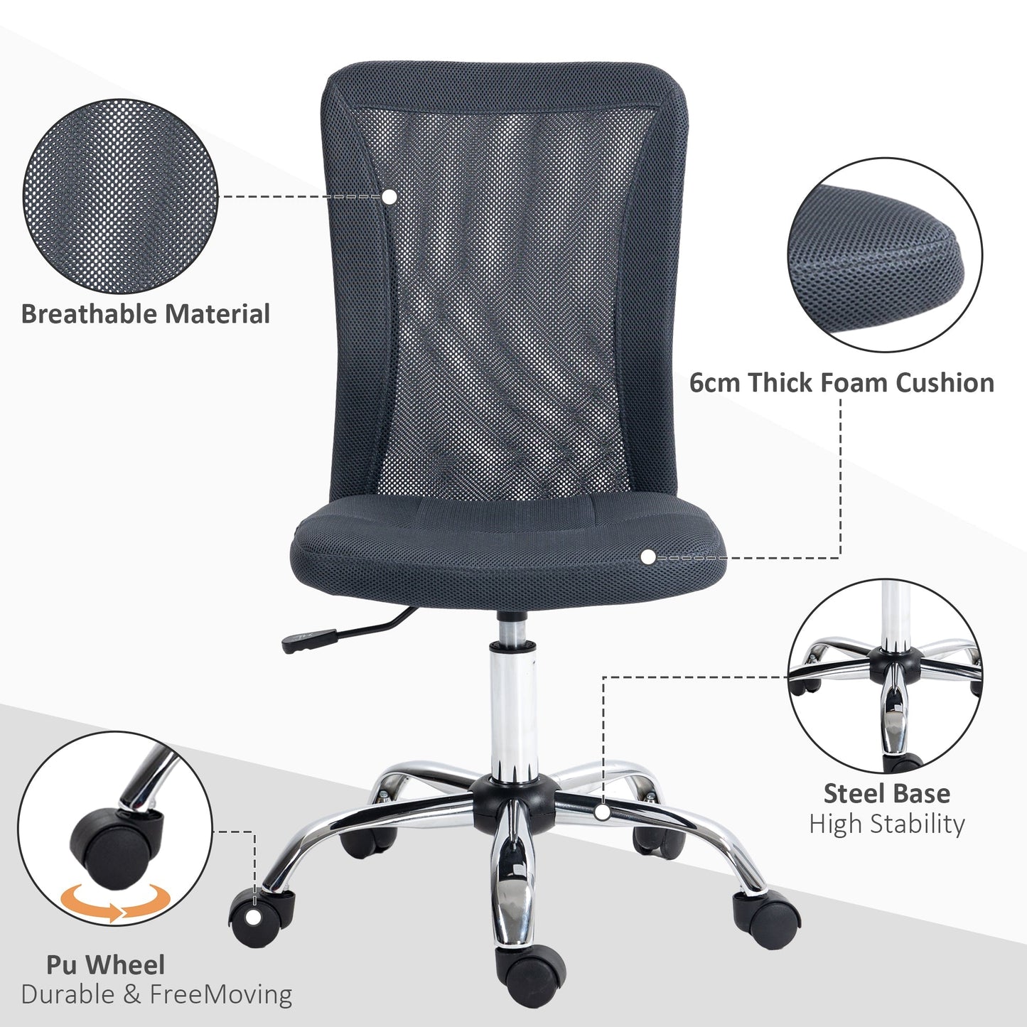 Vinsetto Computer Desk Chair, Mesh Office Chair with Adjustable Height and Swivel Wheels, Armless Study Chair, Dark Grey