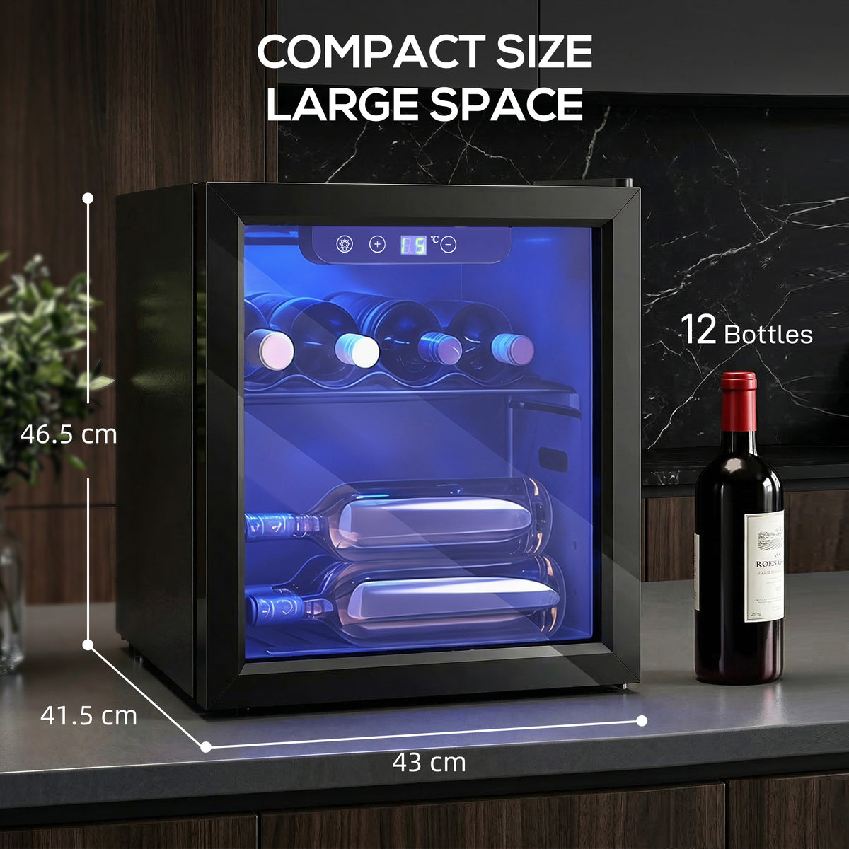 HOMCOM 12 Bottle Wine Cooler, 36 Litre Capacity, 4-16°C Tabletop Drinks Wine Fridge with Glass Door, LED Light, Black