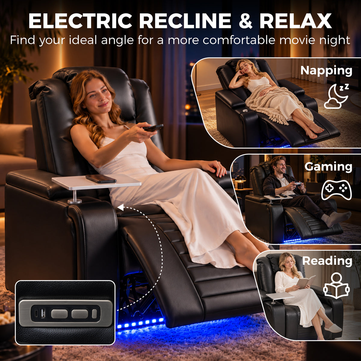 HOMCOM Electric Recliner Armchair w/ Type C+USB, LED Light, PU Leather Cinema Recliner Chair w/ Storage, Tray Table, Black