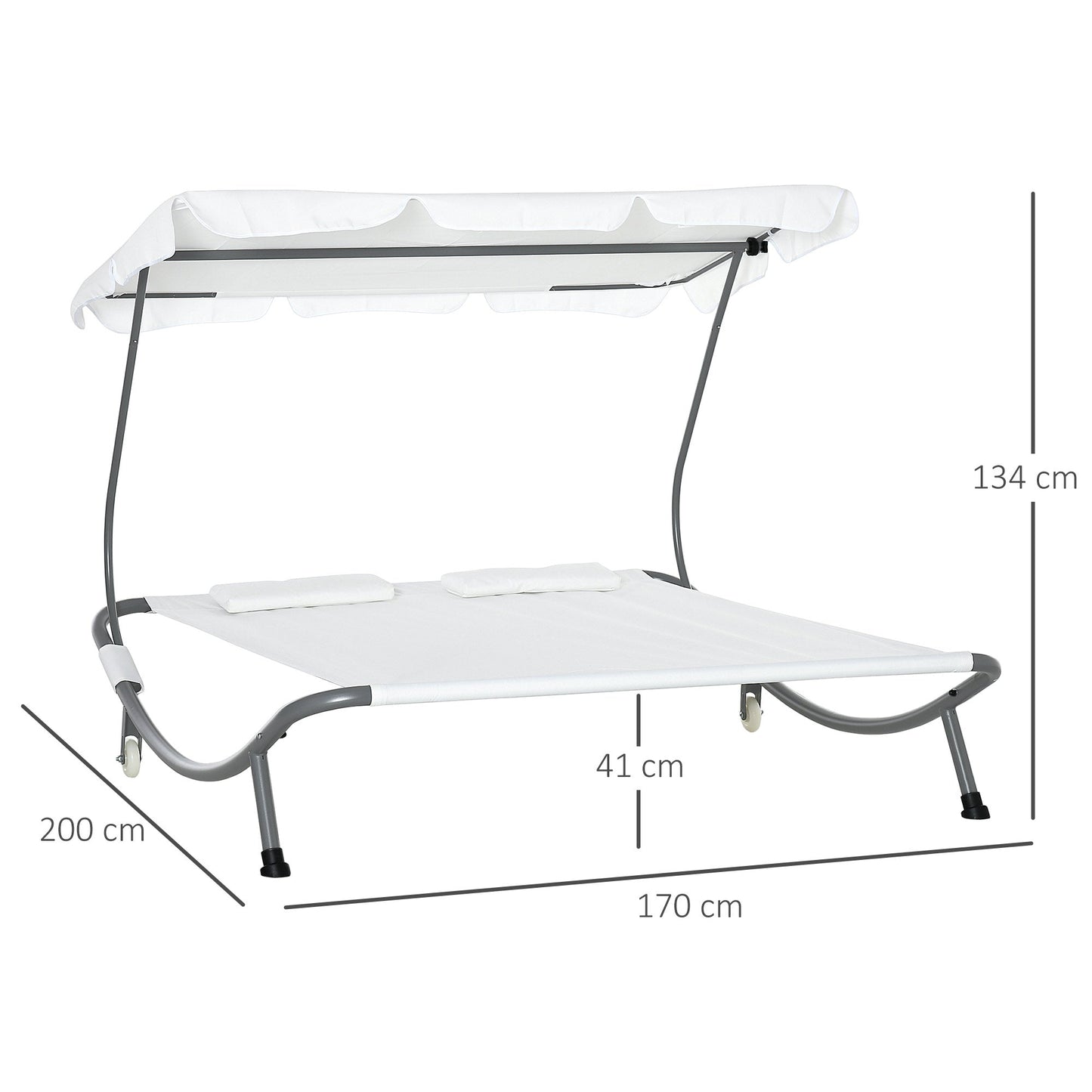Outsunny Double Sun Lounger with Adjustable Detachable Canopy, Portable Garden Daybed for 2 with Wheels, Outdoor Sunbed Hammock with 2 Pillows, 220 KG Max. Load, White