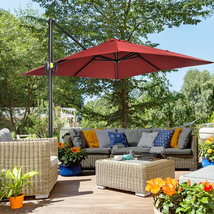 Outsunny 2,5 x 2,5 m Parasol tarasowy z wysięgnikiem, aluminiowy, wiszący, z możliwością obrotu o 360° z korbą i podstawą krzyżową, w kolorze czerwonego wina