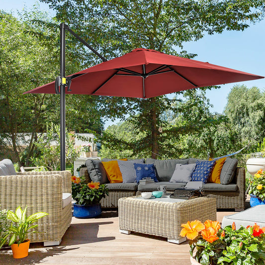 Outsunny 2.5 x 2.5m Patio Offset Parasol Umbrella Cantilever Hanging Aluminium Sun Shade Canopy Shelter 360 Rotation with Crank Handle and Cross Base, Wine Red