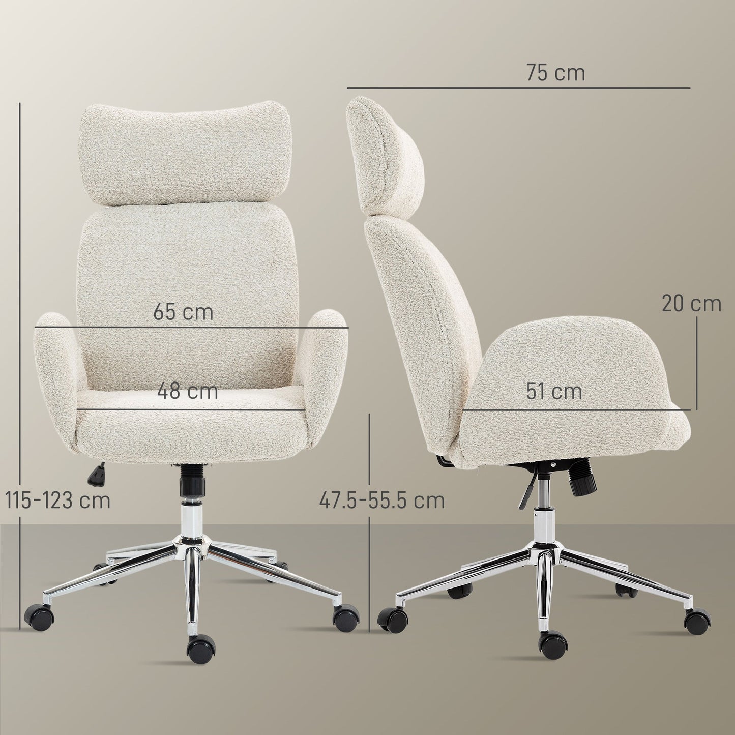 HOMCOM Office Chair with Adjustable Headrest, Spring Pack, Curved Line, Boucle Fabric - Pale Grey