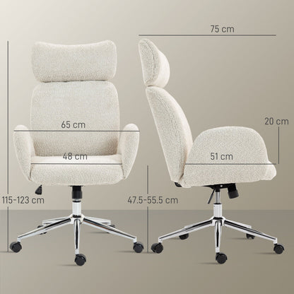 HOMCOM Office Chair with Adjustable Headrest, Spring Pack, Curved Line, Boucle Fabric - Pale Grey
