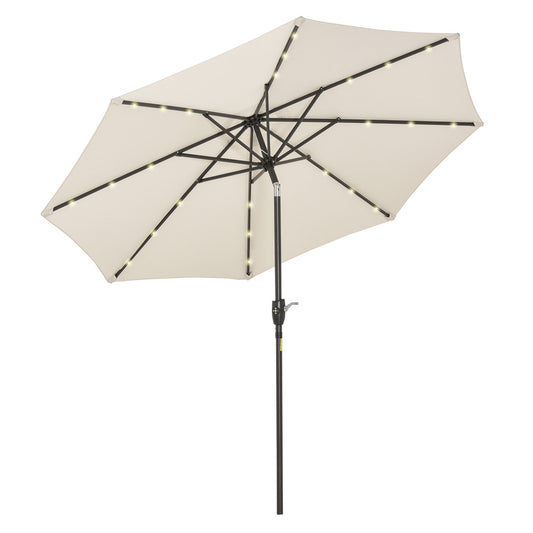 Outsunny 2,7 ​​m Parasol ogrodowy z 24 diodami LED, solarny, uchylny, na patio, klubowy, imprezowy, ręczny, z korbą i 8 żebrami, w kolorze złamanej bieli