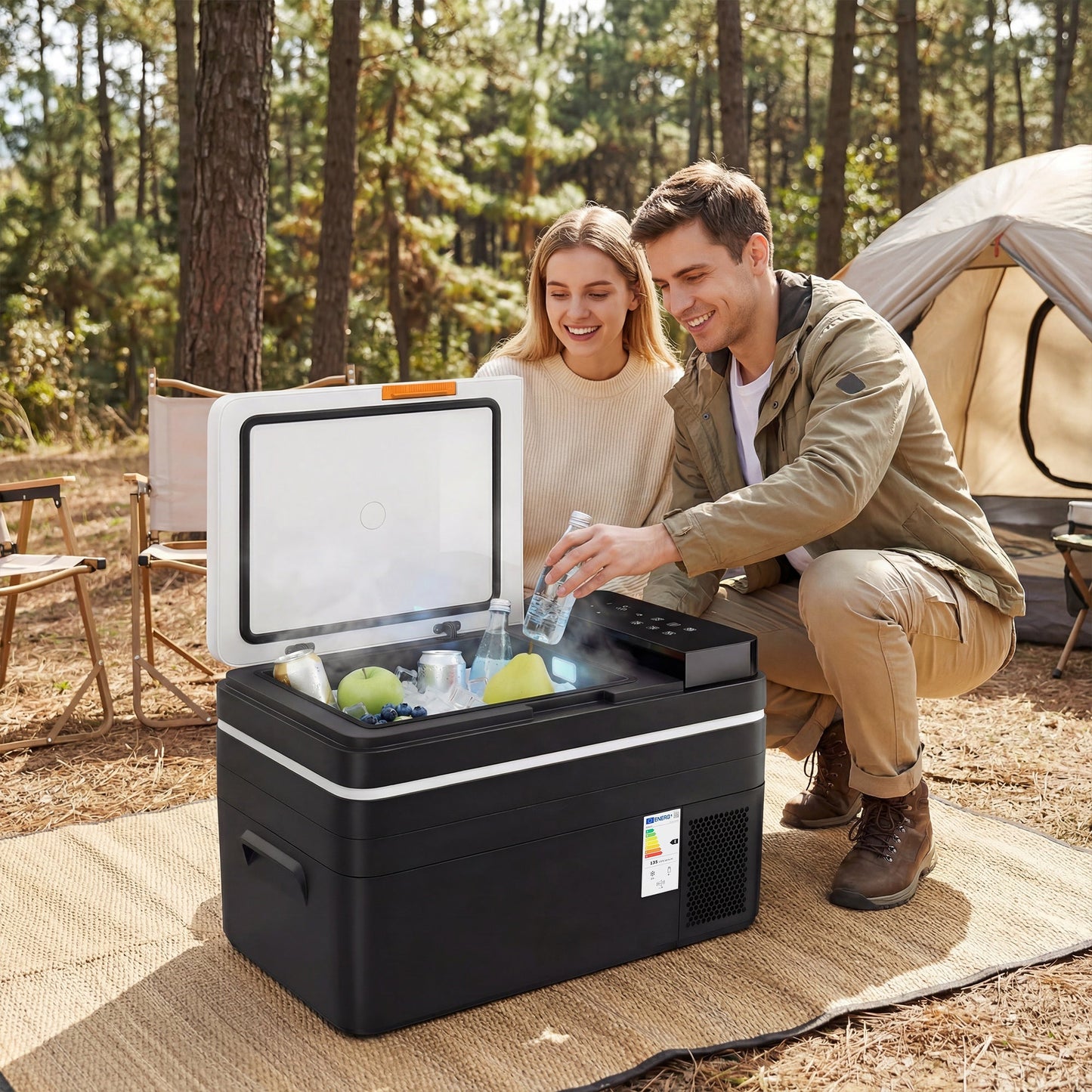 Outsunny 30L Compressor Car Fridge Freezer, Camping Refrigerator with App Control, 12/24V DC and 100-240V AC, Black