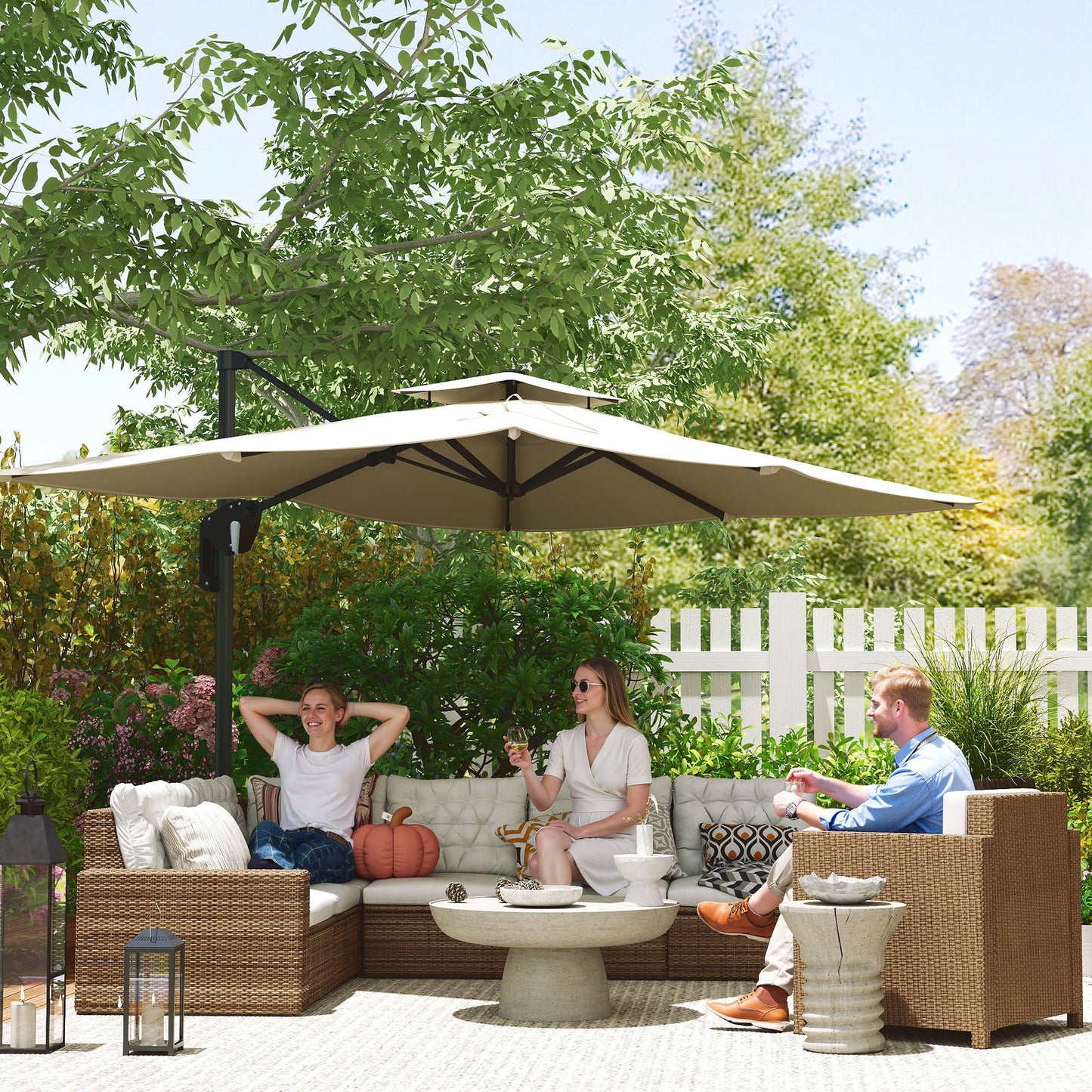 Outsunny 3.7 x 2.7 m Cantilever Parasol w/ 360√Ç¬∞ Rotation and Easy Tilt Adjustment, Aluminium Hanging Offset Outdoor Umbrella w/ Double Top and Cross Base, UPF50+ Hanging Sun Shade, Black