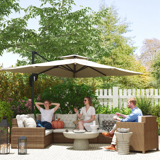 Outsunny 3,7 x 2,7 m parasol wysięgnikowy z obrotem 360√∞ i łatwą regulacją nachylenia, aluminiowy wiszący parasol ogrodowy z podwójnym dachem i podstawą krzyżową, wiszący parasol przeciwsłoneczny UPF50+, czarny