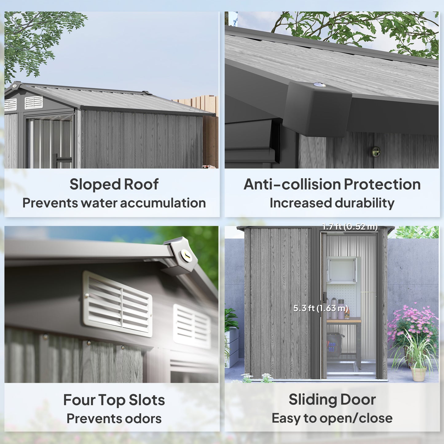 Outsunny 4.3 x 5ft Outdoor Garden Storage Shed - Szary efekt drewna